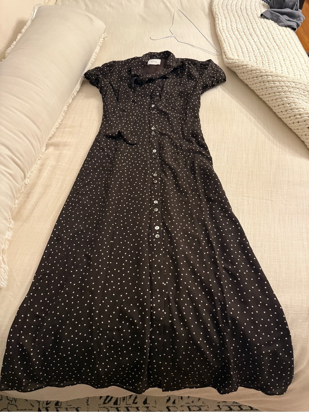Reformation Tyra Dark Brown Polka Dot Midi Dress Button Front Tie Neck